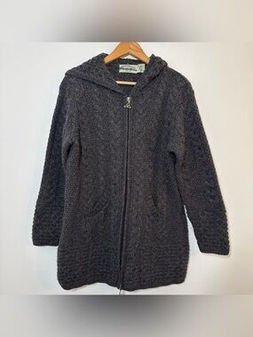 Aran Crafts Ireland Merino Wool Cable Knit Zip Hoodie Sweater Gray Size M